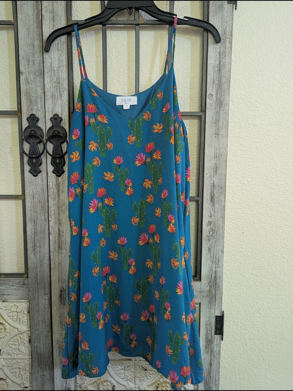 Peach Love California Teal Cactus Floral Slip Dress